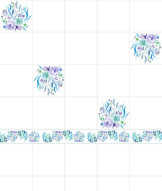 Motif aquarelle fleurs couleurs froides carrelage et frise CatMat